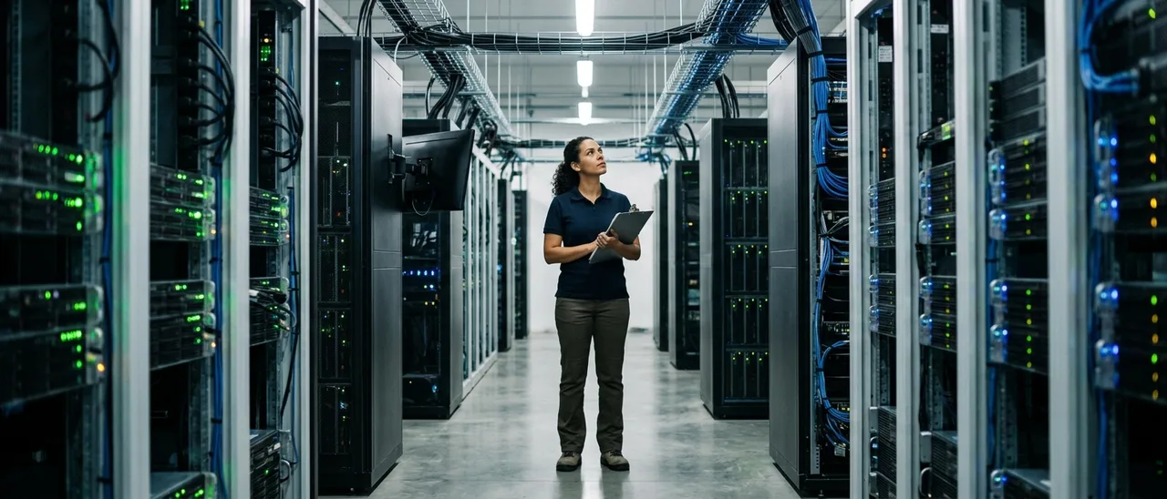 Mulher de camisa polo escura segura prancheta no corredor de um data center e olha para cima, entre racks de servidores com luzes verdes e cabos.