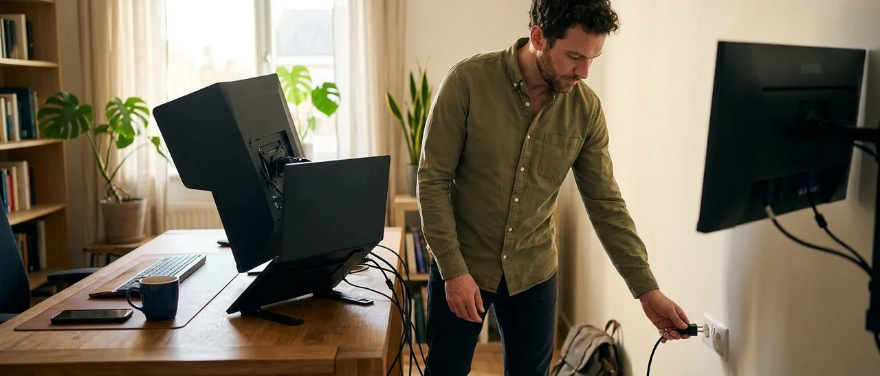 Homem de camisa verde-oliva inclinado ao lado da mesa de home office, puxando o plugue de um cabo da tomada na parede, com monitores de costas.