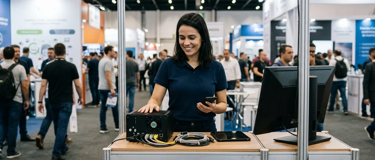 Mulher de polo azul sorri em pequeno estande de feira, uma mão sobre equipamento preto com cabos e celular na outra; monitor de costas ao lado.