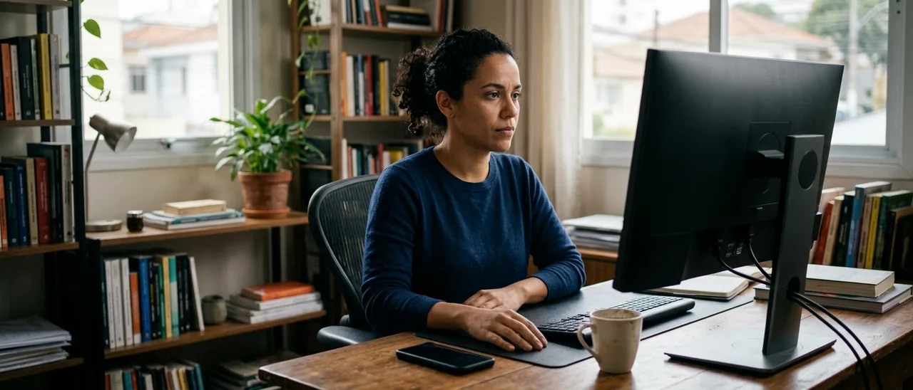 Mulher de blusa azul sentada à escrivaninha em home office com estantes de livros, mãos na mesa, monitor de costas, celular e caneca clara.