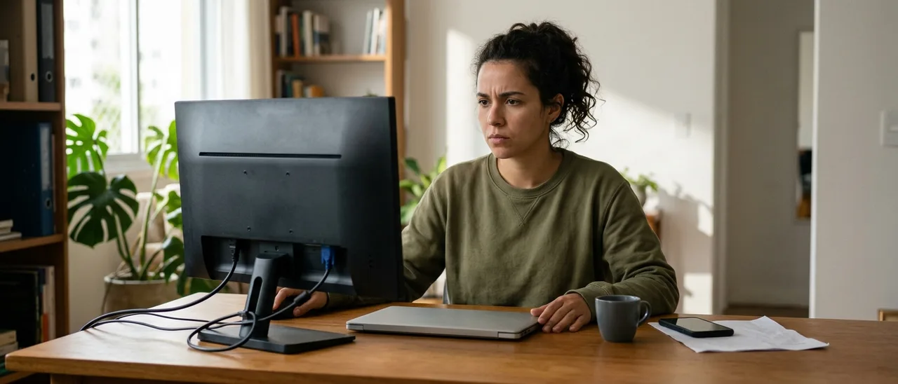 Mulher de moletom verde sentada a uma mesa de madeira em casa, olhando séria para a traseira de um monitor, com notebook, caneca e celular