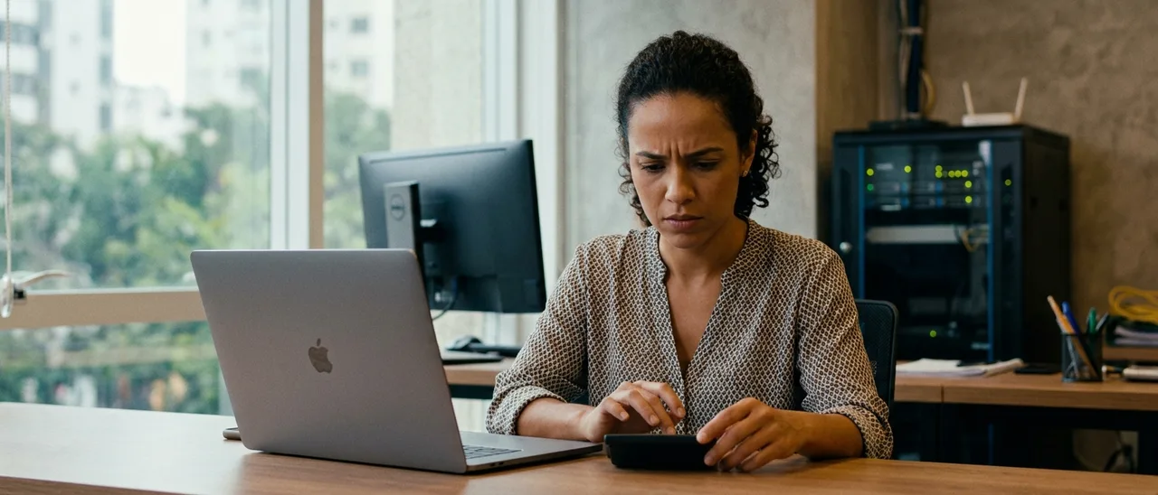 Mulher de camisa estampada sentada à mesa, com expressão preocupada, mexendo em uma calculadora ao lado de laptop fechado; rack de servidores ao fundo.
