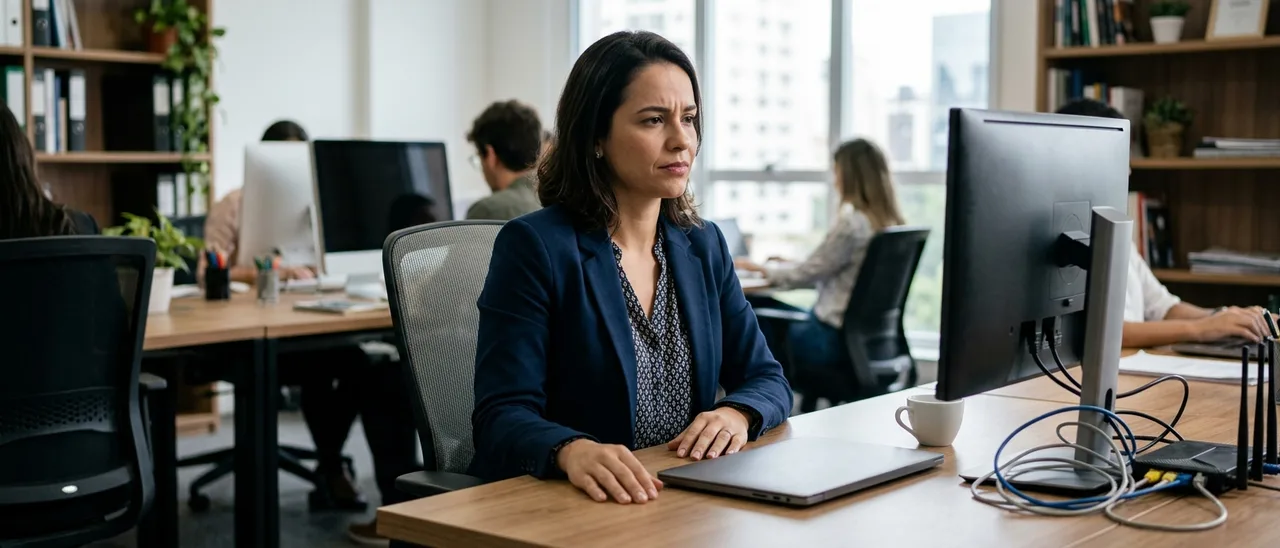 Mulher de blazer azul sentada à mesa de escritório, olhando sério para monitor de costas, ao lado de laptop fechado, xícara e cabos.