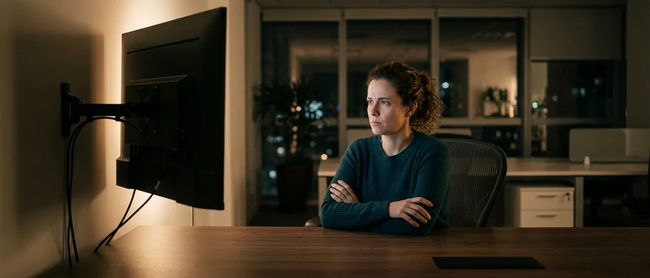 Mulher de suéter verde sentada à mesa em escritório escuro, braços cruzados, com expressão tensa, olhando a parte de trás de um monitor iluminado.