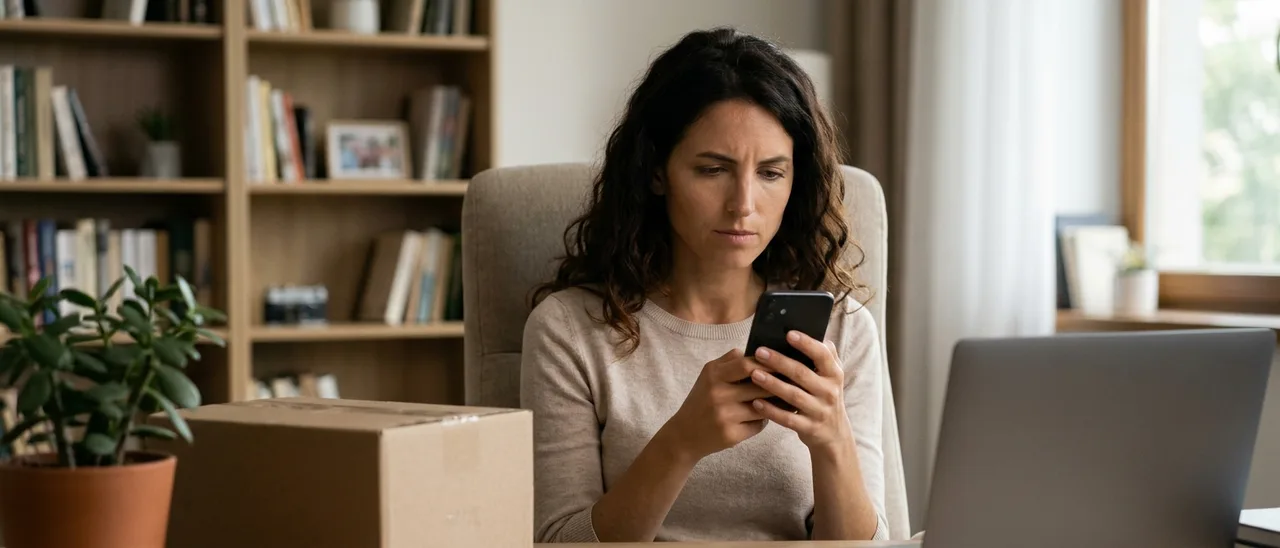 Mulher sentada em escritório em casa segura o celular com as duas mãos e franze a testa, ao lado de caixa de papelão e notebook.