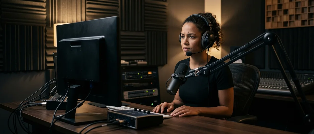 Mulher com headset sentada em mesa de estúdio escuro, mãos sobre teclado, microfone em braço articulado e monitor virado de costas.