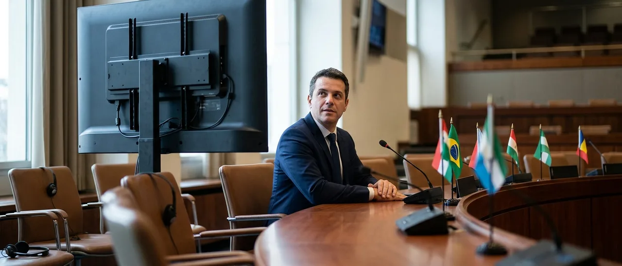 Homem de terno escuro sentado a mesa curva de madeira em plenário, com microfone e bandeiras ao lado, olhando para a parte de trás de uma tela.