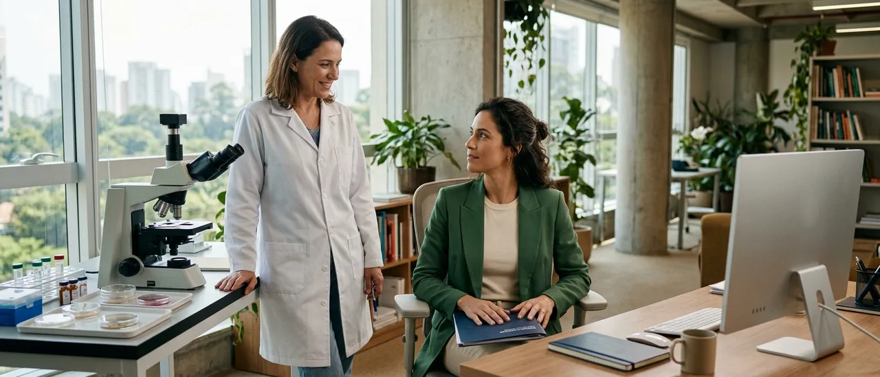 Mulher de blazer verde sentada à mesa com pasta no colo conversa com pesquisadora de jaleco em pé ao lado de microscópio, em escritório claro.