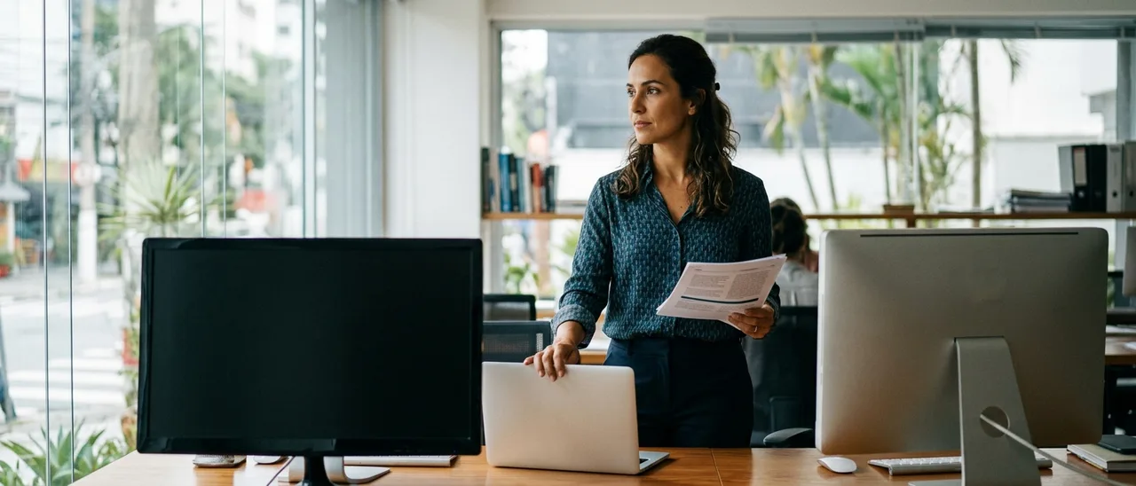 Mulher de camisa azul estampada, de pé em escritório claro, segura folha impressa e apoia a mão em um laptop entre dois monitores.