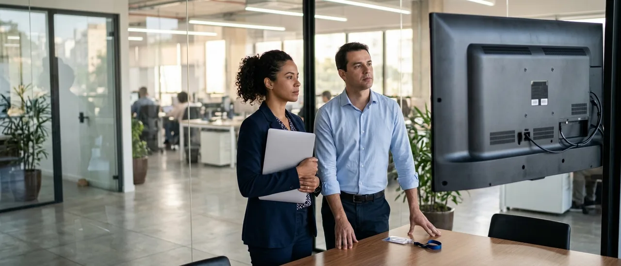 Mulher de blazer segurando notebook fechado e homem de camisa social olham para a parte de trás de um monitor em escritório envidraçado.