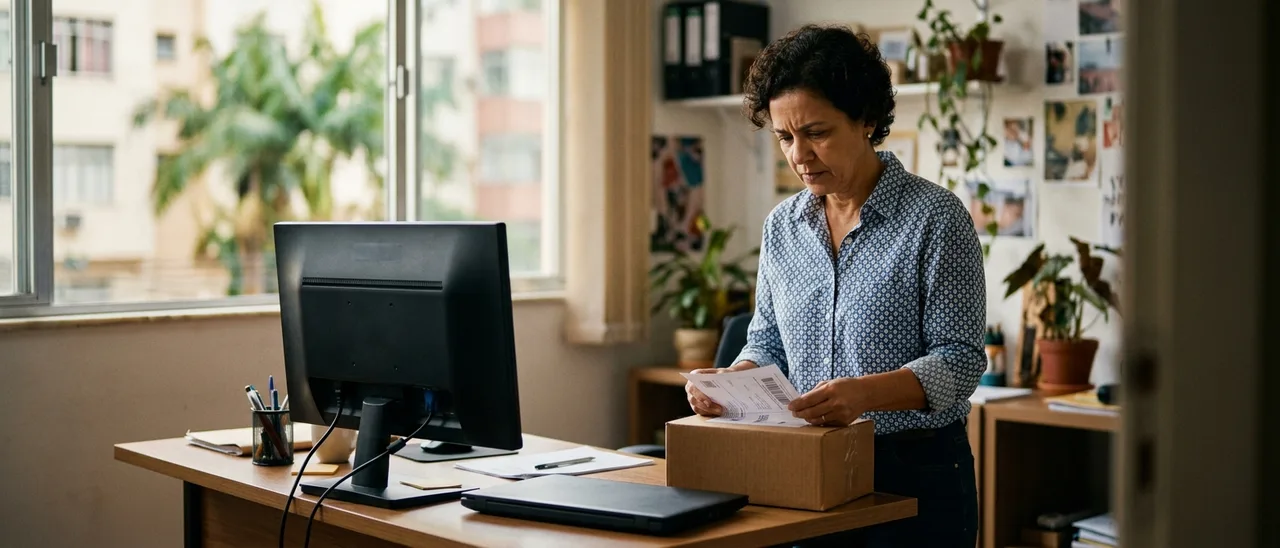Mulher de camisa clara em pé numa mesa de escritório examina uma etiqueta de envio sobre caixa de papelão, ao lado de monitor e notebook fechado.