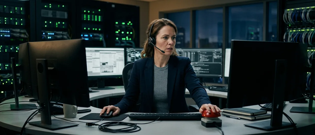 Mulher de headset e blazer escuro sentada em mesa com monitores, uma das mãos sobre um grande botão vermelho, racks de servidores ao fundo.