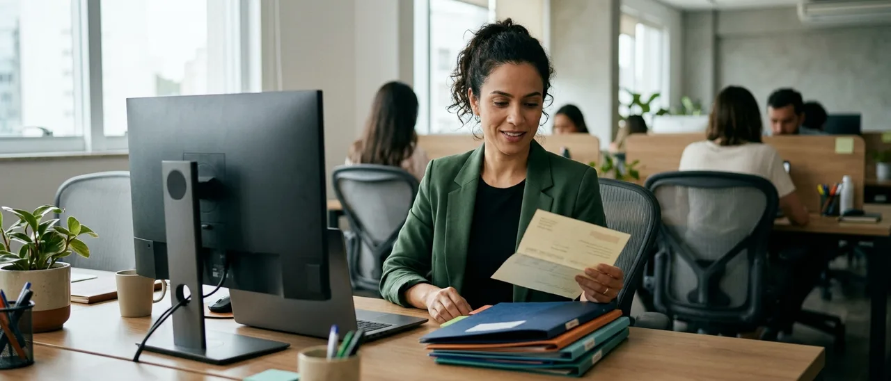 Mulher de blazer verde sorri sentada em escritório compartilhado, segurando um papel impresso ao lado de pastas coloridas e monitor.