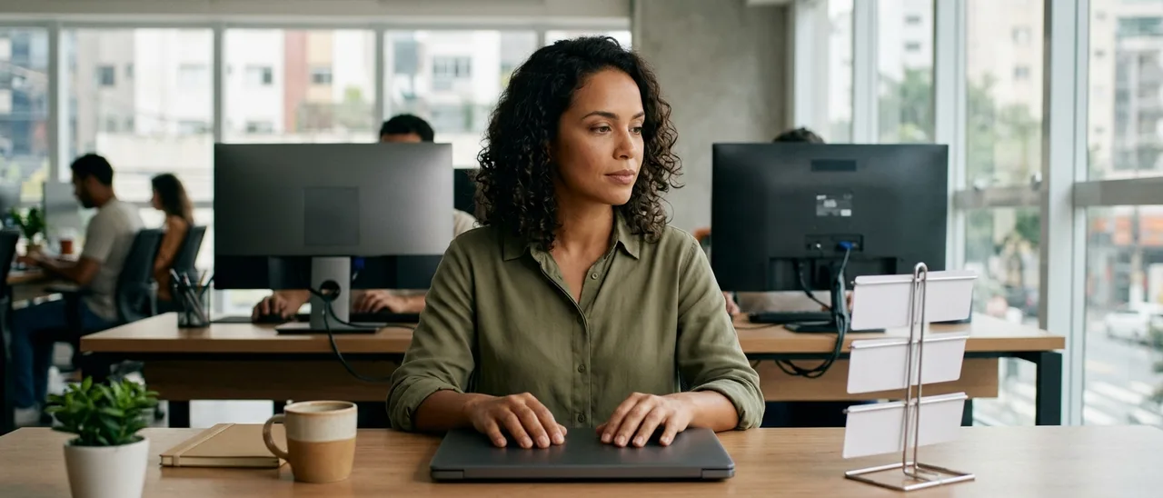 Mulher de camisa verde sentada em mesa de escritório, mãos sobre notebook fechado, olhando para cartões brancos em suporte metálico ao lado.