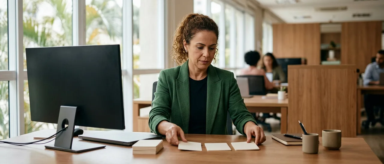 Mulher de blazer verde sentada à mesa de escritório organiza três cartões brancos lado a lado, ao lado de laptop fechado e monitor.