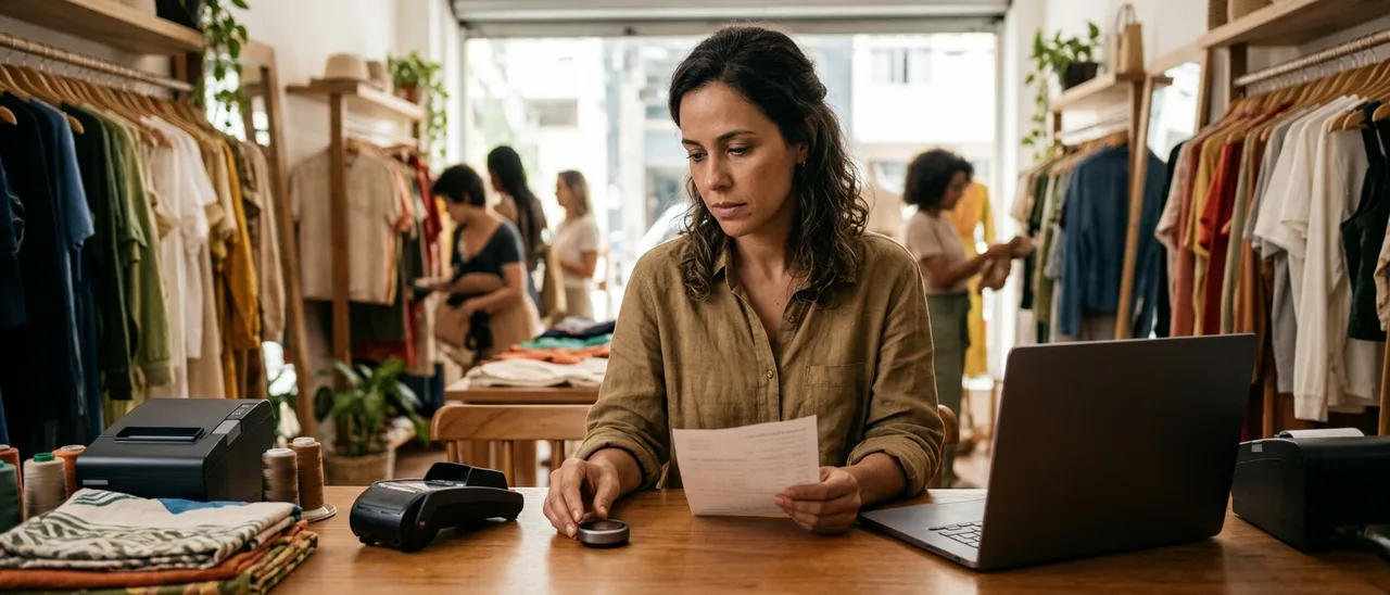 Mulher no balcão de uma loja de roupas segura um papel impresso e observa um pequeno dispositivo redondo ao lado da maquininha e do notebook.