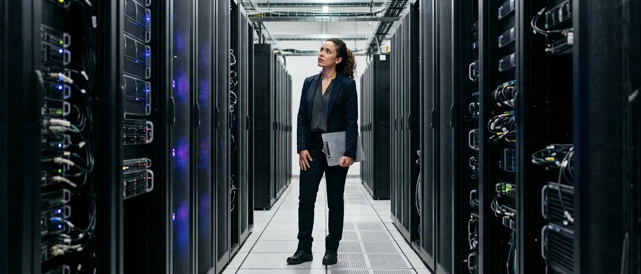 Mulher de blazer escuro em pé no corredor de um data center, entre racks de servidores com luzes azuis, segurando prancheta e olhando para cima.