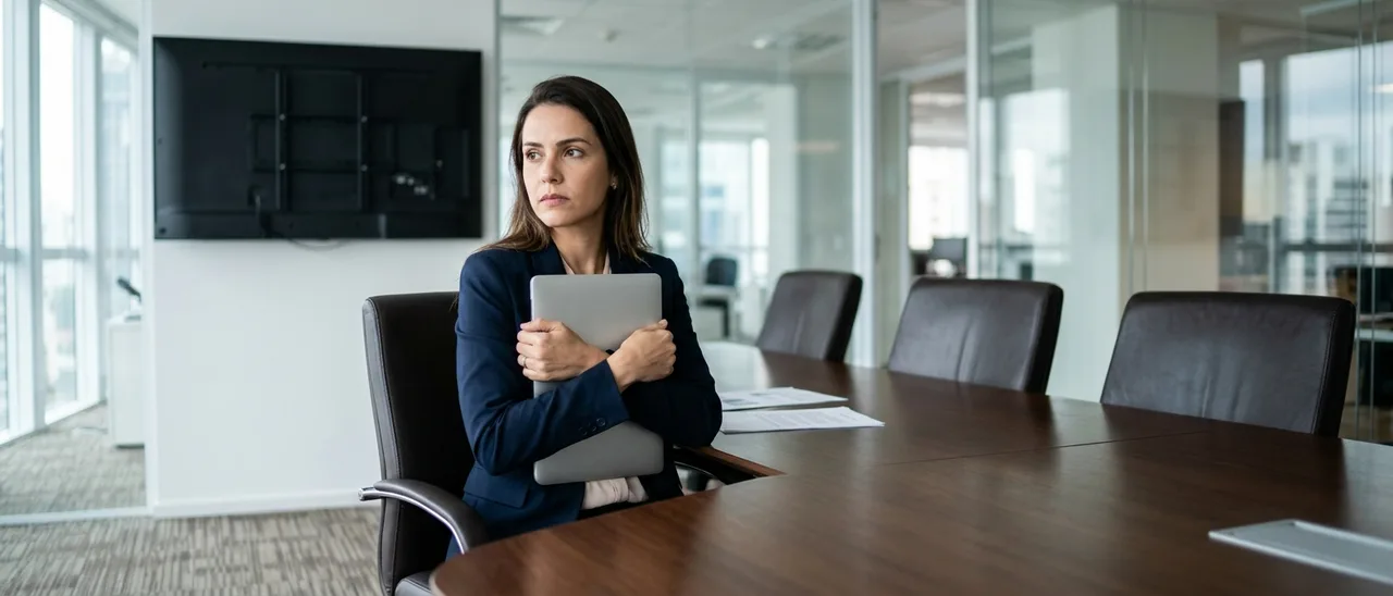 Mulher de blazer azul sentada em mesa de reunião abraça um notebook fechado e olha para o lado; cadeiras de couro vazias e monitor na parede.