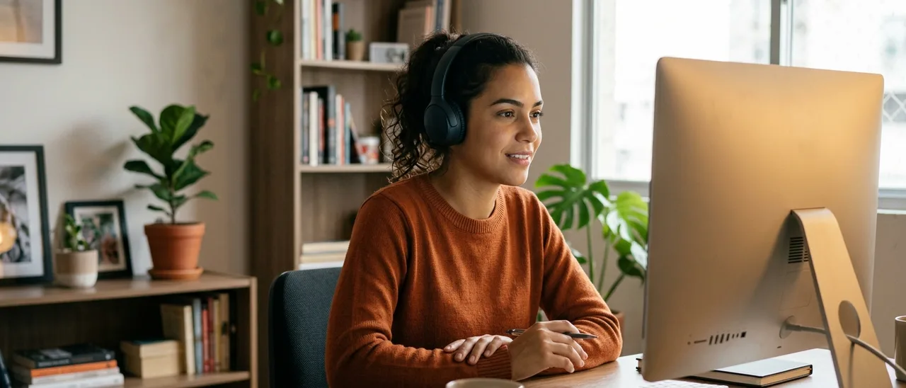 Mulher jovem de suéter laranja e fones de ouvido sentada em home office, sorrindo diante de um monitor, com plantas e estante ao fundo.