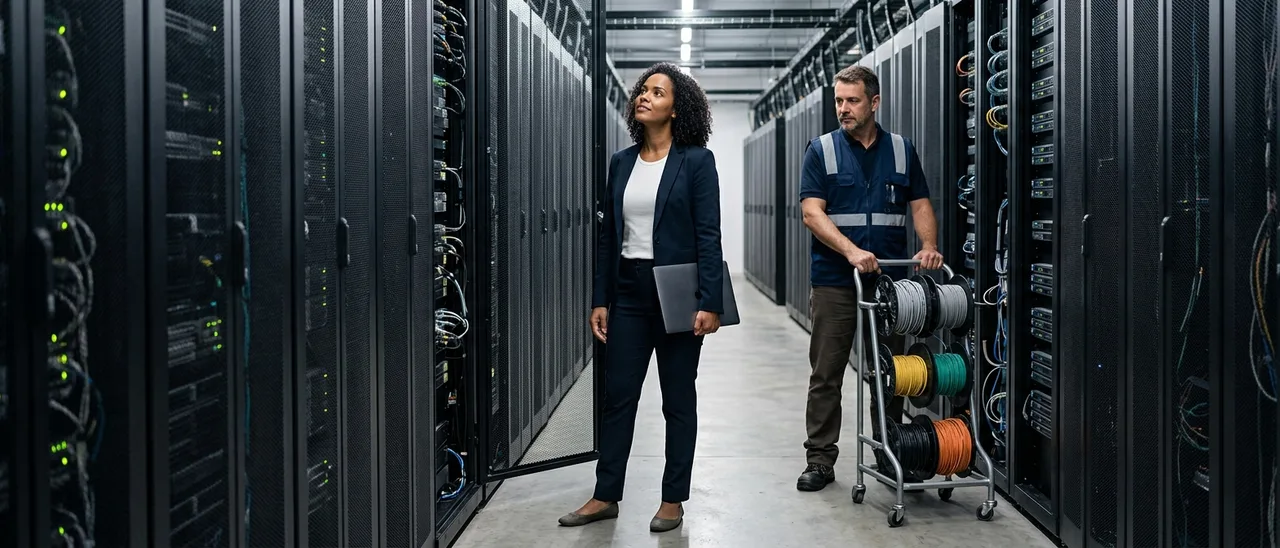 Mulher de blazer escuro segura notebook fechado em corredor de data center; atrás, técnico de colete refletivo empurra carrinho com bobinas de cabos.