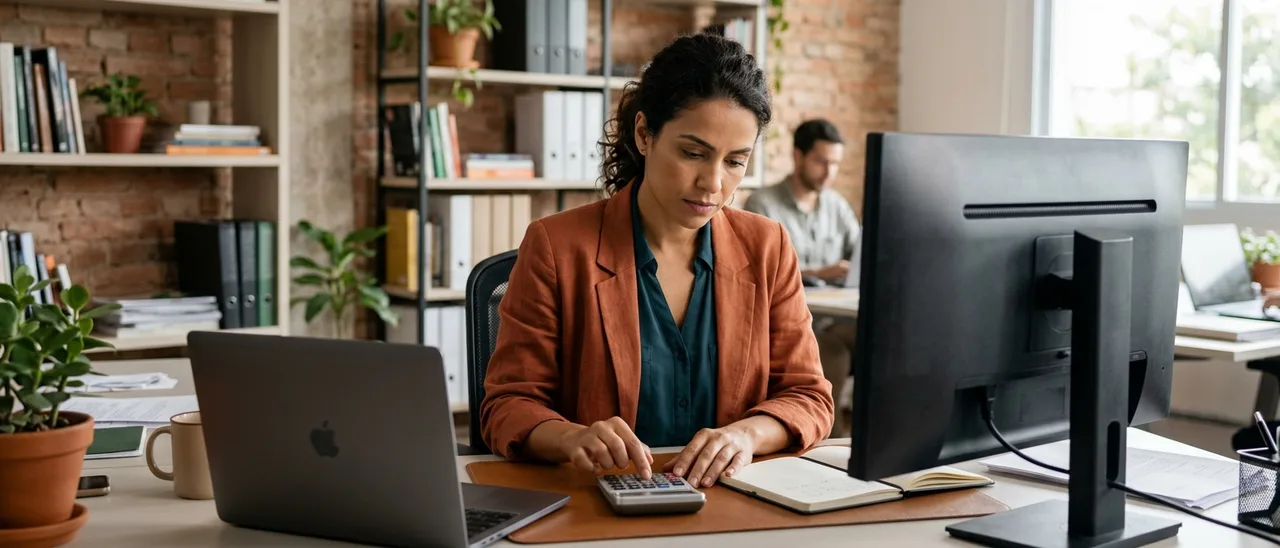 Mulher de blazer laranja usa calculadora de mesa em escritório, ao lado de notebook fechado e monitor de costas; colega ao fundo.