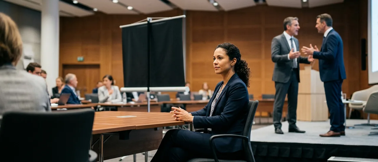 Mulher de terno escuro sentada à mesa de reunião com as mãos apoiadas; ao fundo, dois homens de terno conversam num palco e uma tela escura de costas.