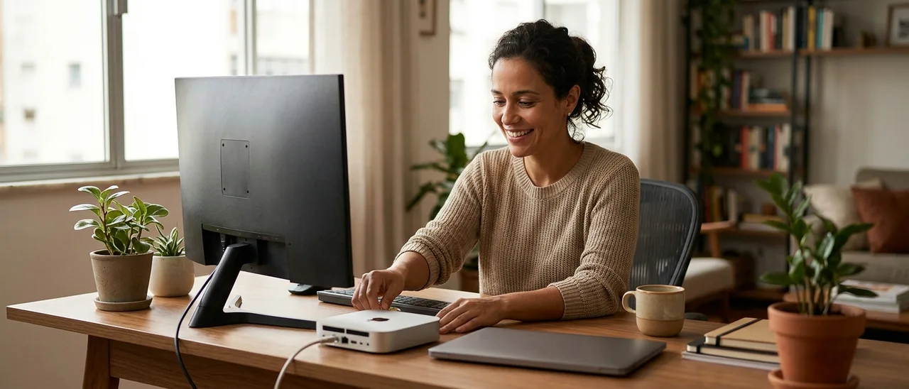 Mulher sorridente em mesa de madeira em casa toca um mini computador ao lado de monitor virado de costas, notebook fechado, plantas e caneca.