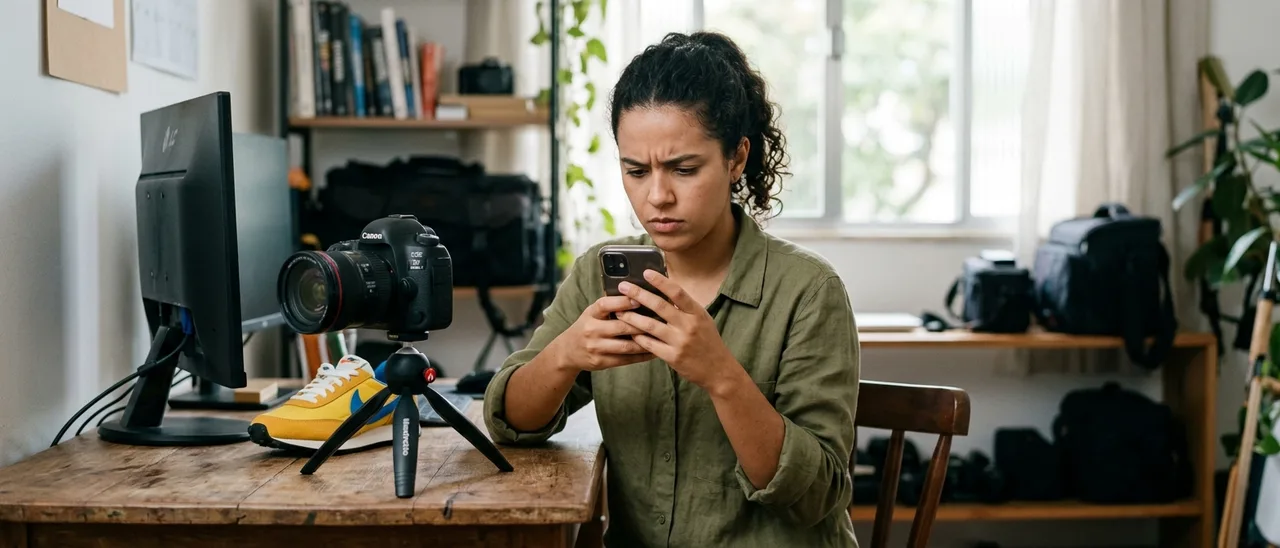 Mulher de camisa verde-oliva olha franzindo a testa para o celular em mesa de madeira, ao lado de câmera em tripé, tênis amarelo e monitor.