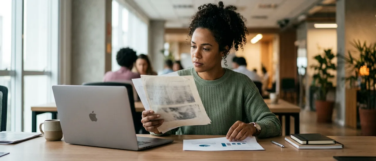 Mulher de suéter verde em escritório segura folhas desbotadas e olha um papel com gráficos sobre a mesa, ao lado de laptop e caneca.