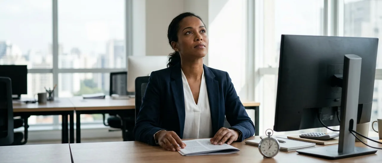 Mulher de blazer azul sentada à mesa de escritório olha para cima pensativa, com papel impresso, cronômetro e calculadora ao lado e monitor de costas.