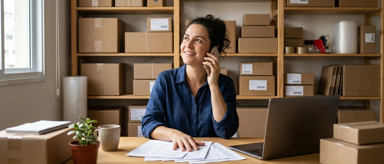 Mulher de camisa azul sorri ao telefone sentada à mesa com papéis, notebook e planta, diante de prateleiras cheias de caixas de papelão.