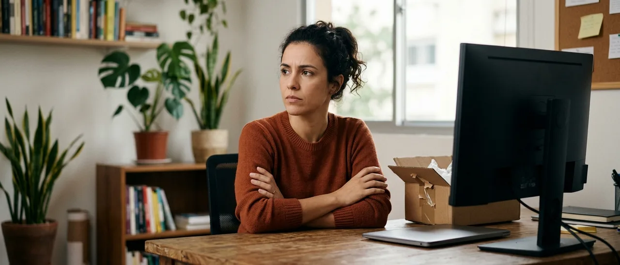 Mulher de suéter laranja senta à mesa de madeira com os braços cruzados, olhando irritada para um monitor; ao lado, caixa de papelão aberta e notebook fechado.