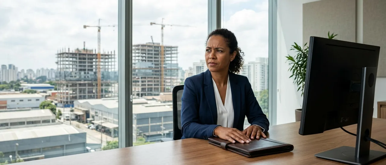 Mulher de blazer azul sentada à mesa de escritório com vidro, mãos sobre pasta de couro, monitor ao lado e obras com guindastes ao fundo.