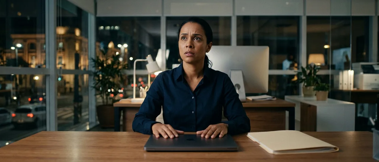 Mulher de camisa azul-escura sentada à mesa de escritório à noite, mãos sobre laptop fechado e pasta ao lado, olhando para cima com expressão tensa.