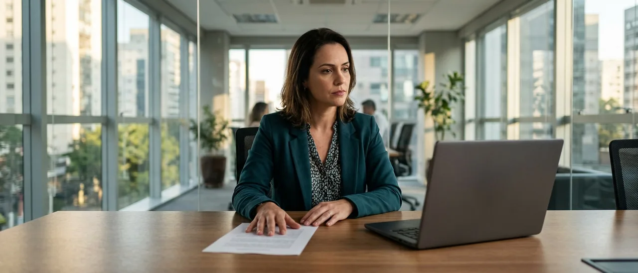 Mulher de blazer verde sentada em mesa de reunião, com papel sob a mão, olhando para um notebook de costas em escritório envidraçado