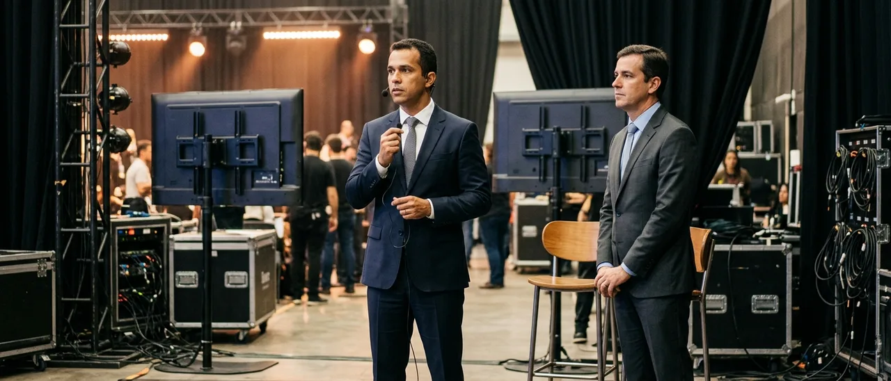 Dois homens de terno escuro em bastidores de evento; um ajusta microfone de lapela, o outro se apoia em banqueta alta, entre monitores e cases.