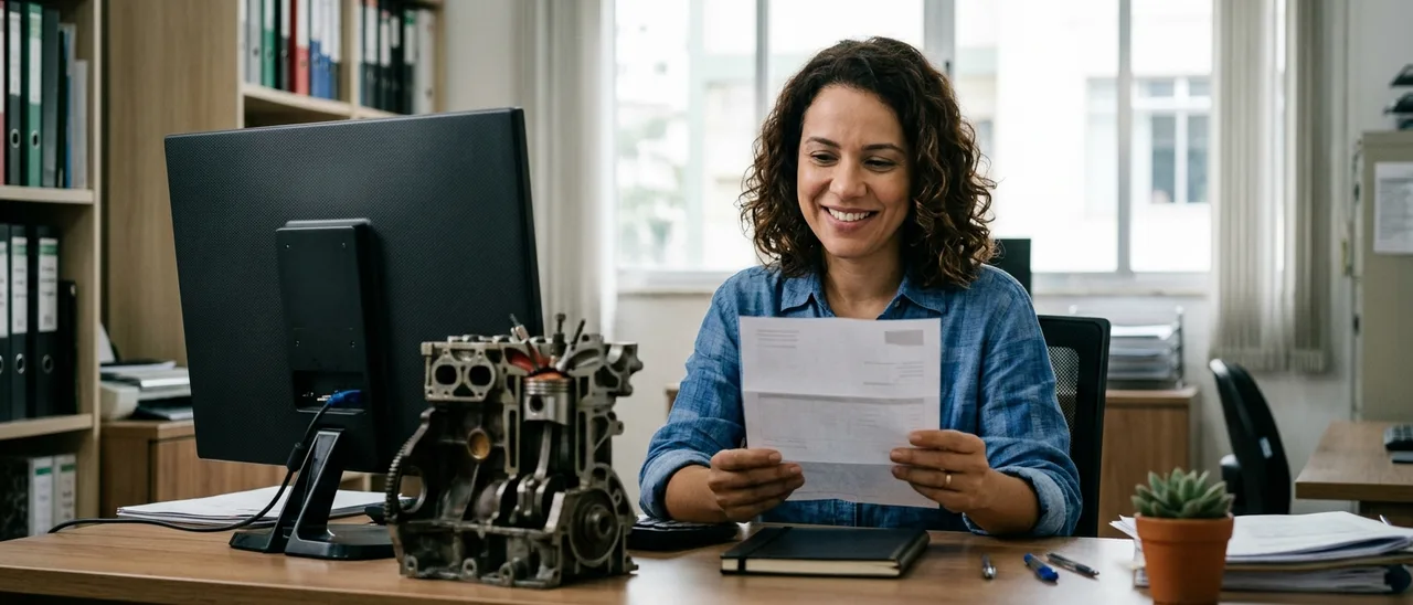Mulher sorrindo sentada à mesa de escritório lê um papel impresso, com monitor de costas e um bloco de motor de carro ao lado.