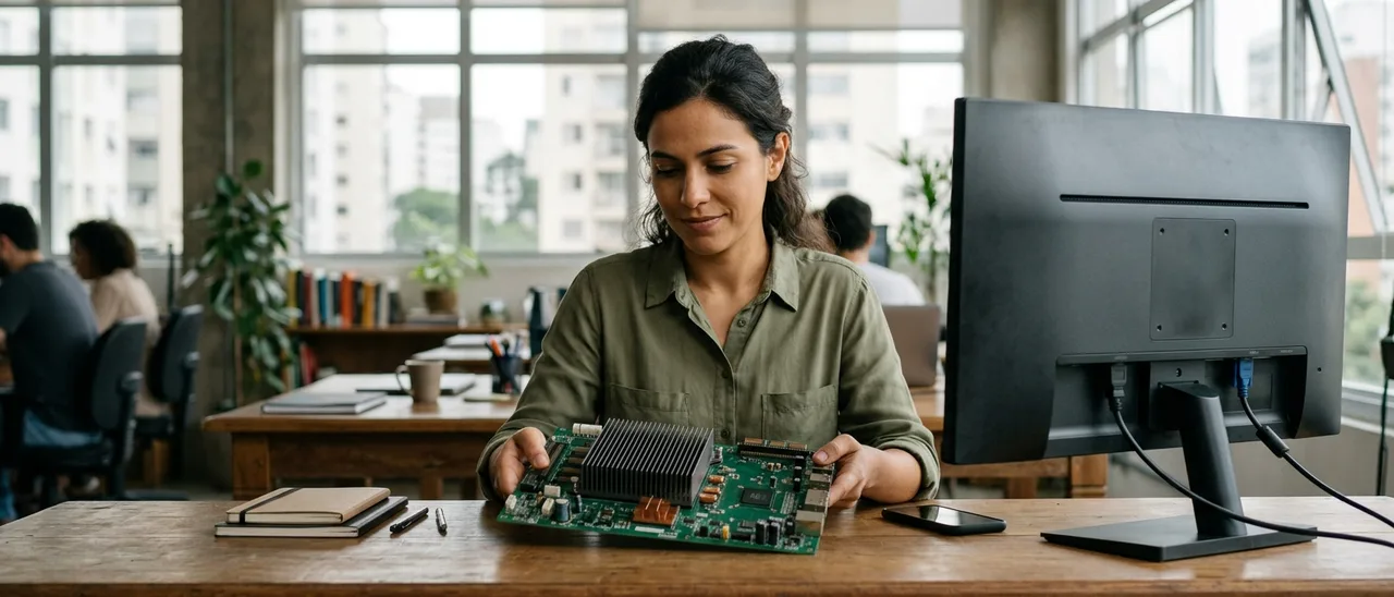 Mulher de camisa verde sentada a uma mesa de madeira segura uma placa de circuito com dissipador; ao lado, monitor visto por trás em escritório claro.