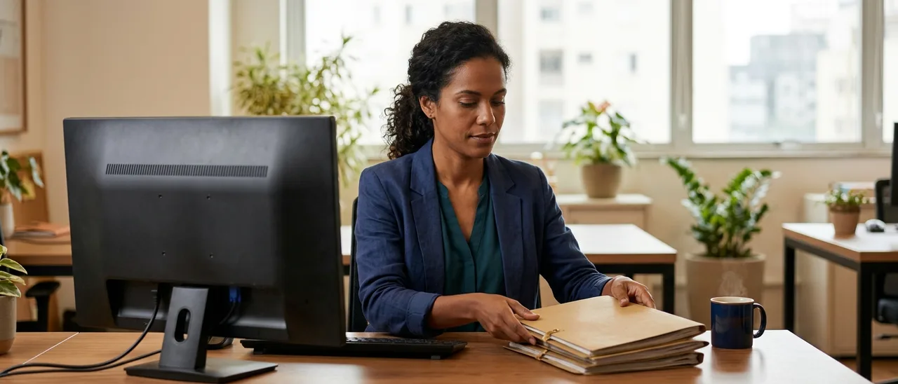 Mulher de blazer azul sentada à mesa de escritório organiza pastas de papel; monitor de costas para a câmera e caneca azul ao lado.
