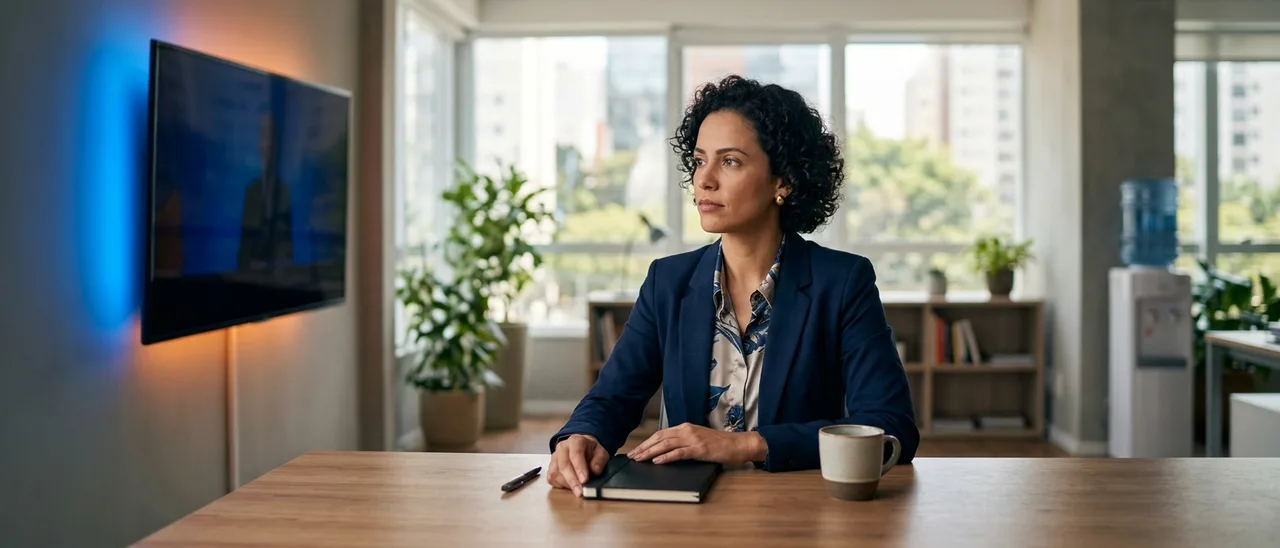 Mulher de blazer azul sentada à mesa de escritório, com caderno fechado e caneca, olhando com expressão cética para uma TV na parede.
