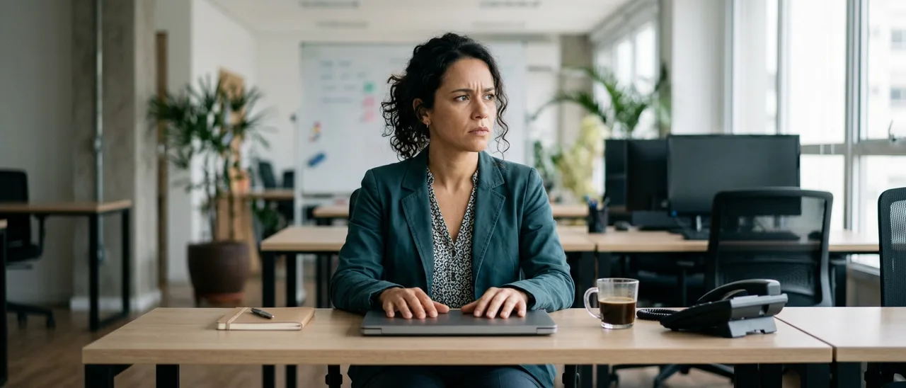Mulher de blazer verde sentada à mesa de escritório, mãos sobre notebook fechado, olhando para o lado com expressão tensa; telefone e café ao lado.