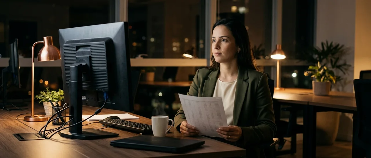 Mulher de blazer verde sentada à mesa em escritório à noite, segurando uma folha impressa, com monitor de costas, caneca e luminária acesa.