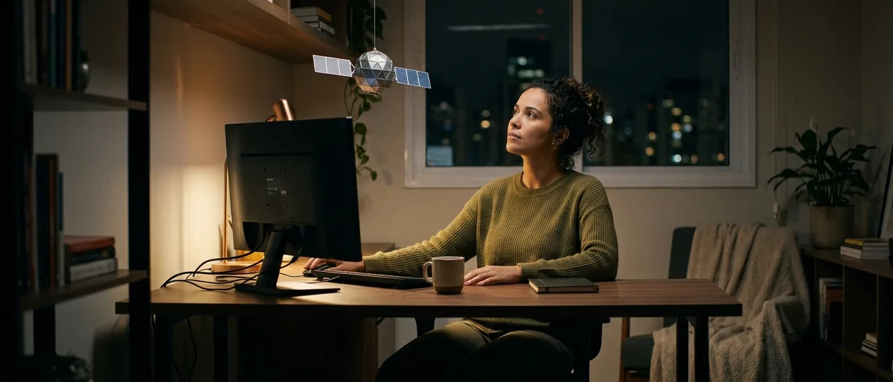 Mulher de suéter verde sentada à escrivaninha em home office à noite, olhando para um pequeno satélite suspenso; monitor virado de costas e caneca na mesa.
