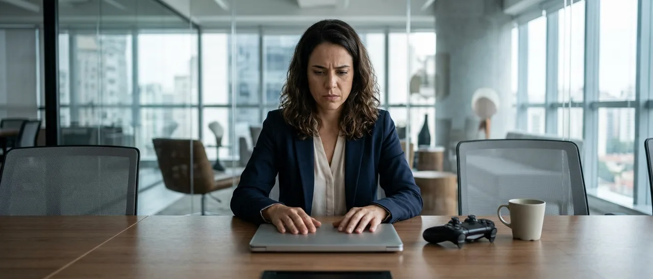 Mulher de blazer azul sentada sozinha a uma mesa de reunião, mãos sobre laptop fechado, olhando tensa para controle de videogame ao lado de caneca