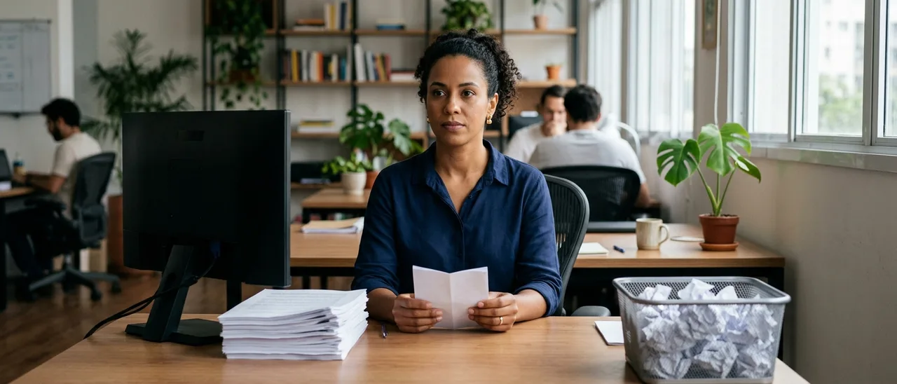 Mulher de camisa azul sentada à mesa de escritório segura folha dobrada ao lado de pilha de papéis, monitor de costas e cesto cheio de papel.