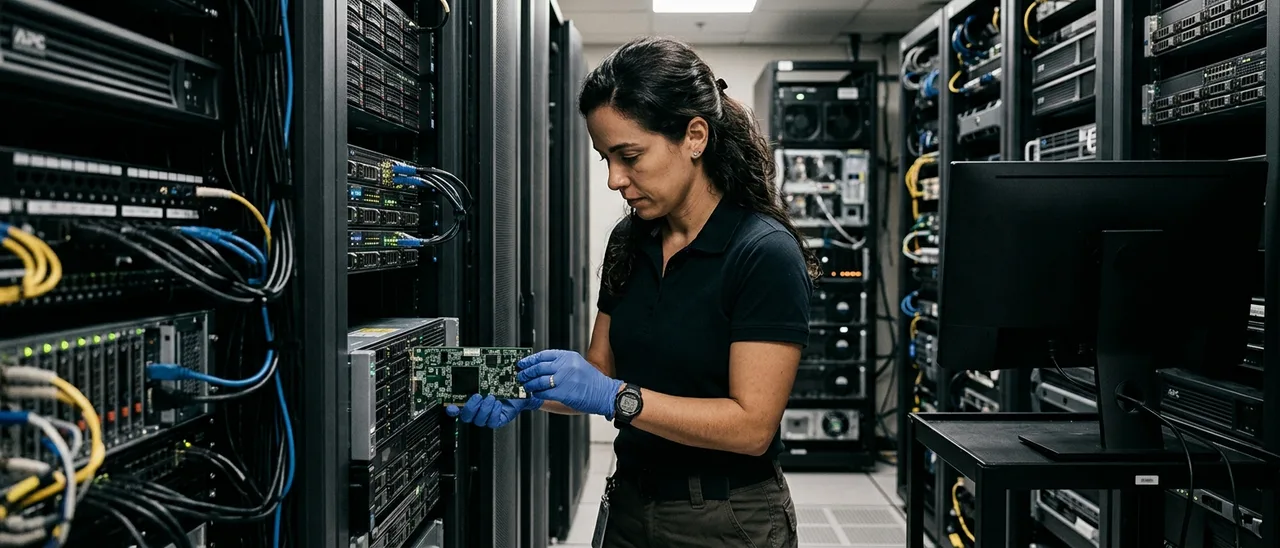 Mulher de polo preta e luvas azuis segura uma placa de rede diante de racks de servidores com cabos azuis e amarelos.