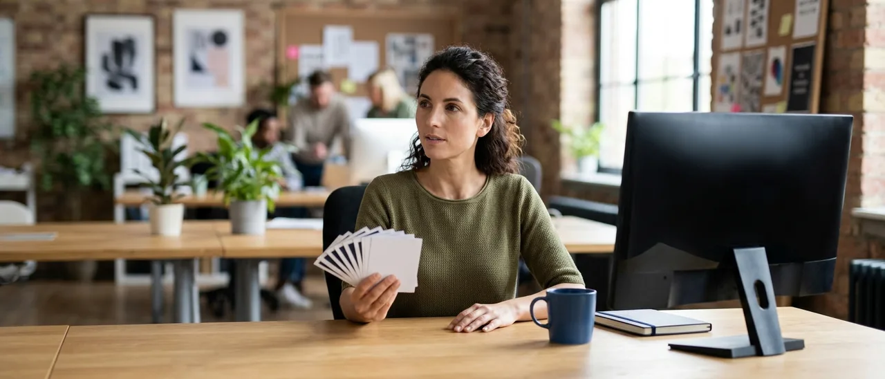 Mulher de suéter verde sentada em mesa de escritório segura cartões em branco; à frente, monitor de costas, caneca azul e caderno.