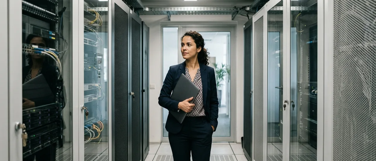 Mulher de blazer escuro caminha entre racks de servidores segurando um notebook fechado sob o braço, com porta de vidro ao fundo.