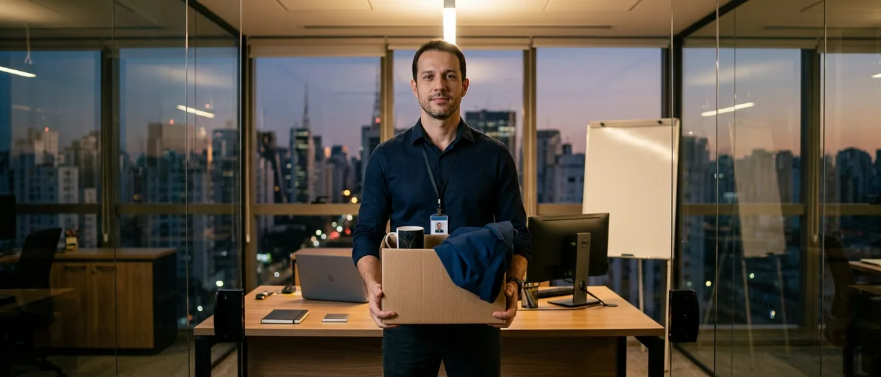 Homem de camisa azul-escura e crachá segura caixa de papelão com caneca e jaqueta em escritório envidraçado, com skyline ao anoitecer ao fundo.