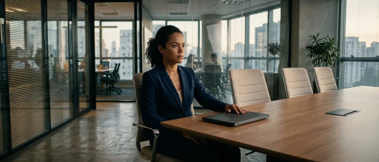 Mulher de blazer azul sentada sozinha em mesa longa de sala de reunião com paredes de vidro, mão sobre laptop fechado e cadeiras vazias.